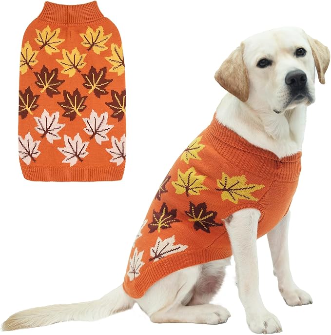 KOOLTAIL Dog Sweater, Cold Weather Dog Knitted Sweater Turtleneck Pullover, Fall Dog Sweater with Autumn Maple Leaf Pattern, Dog Winter Clothes for Small Medium Large Dogs Cat Boys Girls, Orange XL