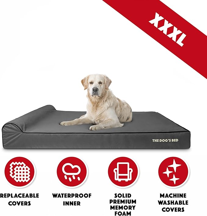 The Dog’s Bed Orthopedic Headrest Dog Bed XXXL Grey/Black, Memory Foam, Pain Relief for Arthritis, Hip & Elbow Dysplasia, Post Surgery, Lameness, Waterproof Washable Cover
