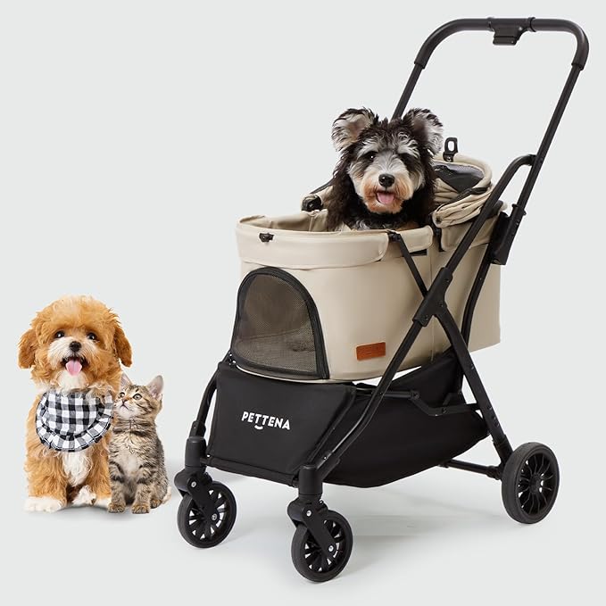 Foldable Pet Stroller,4 Wheels Pet Strolling Cart for Small Dogs Cats up to 44 Lbs, Pet Travel Carrier Strolling Cart with Storage Basket, Portable Dog Cat Stroller with Breathable Mesh, Khaki