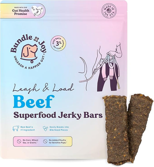 Leash & Load Dog Treats Beef Jerky Snack Bars, 16 oz Bag, Puppy Training Treats, Natural Superfood Grain Free Treat Made with Real Beef, Superfoods, Corn, Poultry & Soy Free