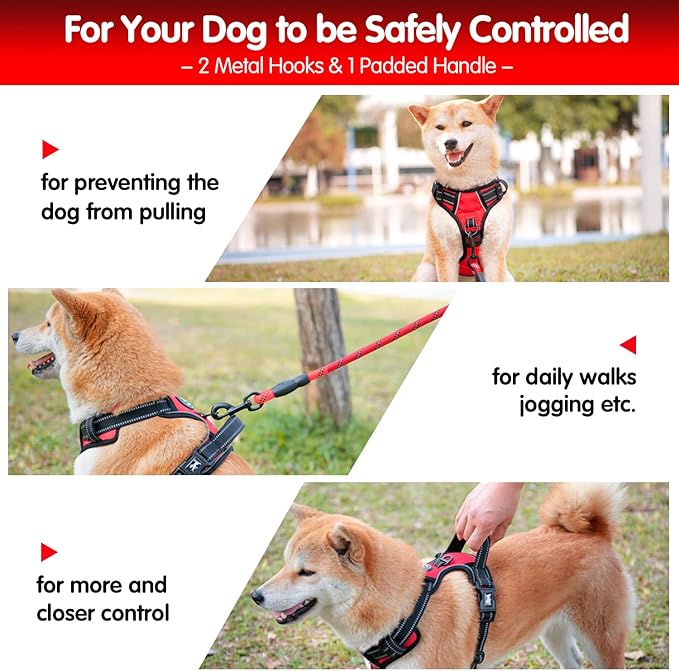 PoyPet Dog Harness and Leash Combo, Escape Proof No Pull Vest Harness, with 5 Feet Leash, Reflective Adjustable Soft Padded Pet Harness with Handle for Small to Large Dogs(Red,XL)