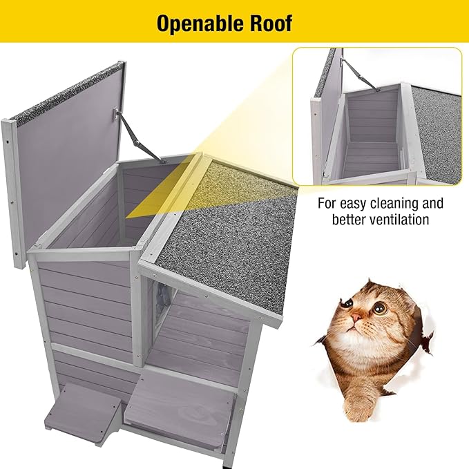 Aivituvin Outdoor Feral Cat House Wooden Kitty Shelter with Large Balcony,Escape Door,Waterproof