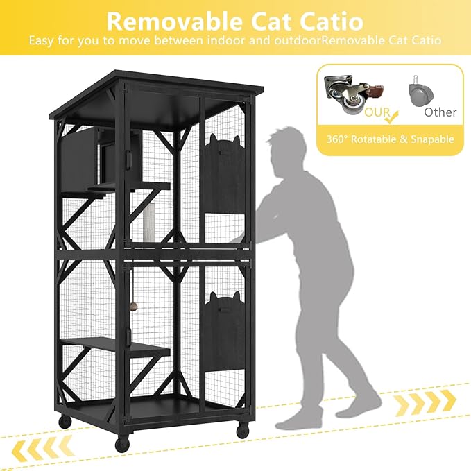 ROOMTEC Catio Outdoor Enclosure With Roof - 71" Height Wooden House, Large Cage With 3 Jumping Platforms and 1 Napping House for Cat Activity (Black)