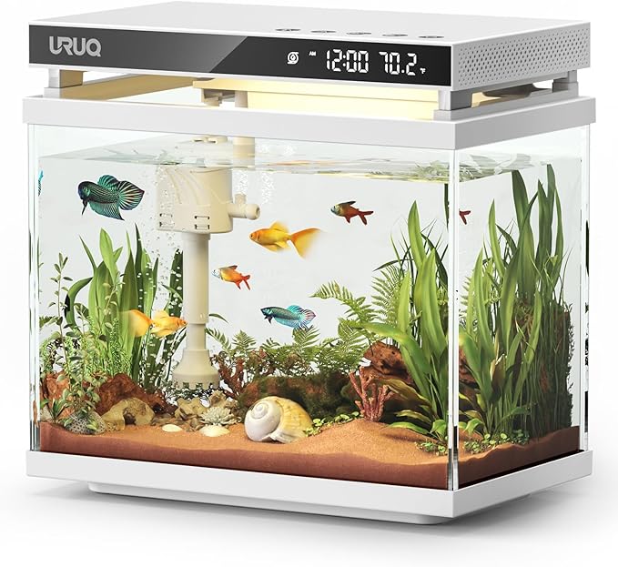 Fish Tank Smart Aquarium Kit: 2 Gallon UHD Glass Silent Water Pump Self Cleaning Multi-layer Filtration System - Temperature Sensing 7-color Lighting for Small Fish Betta Kids Room Desktop Decor White