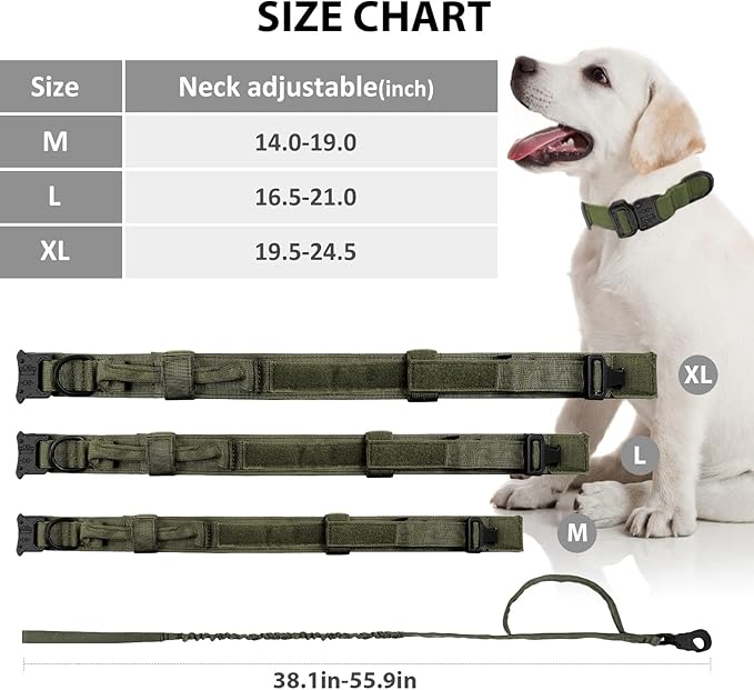 Tactical Dog Collar and Leash Set Heavy Duty Military Dog Collar with Handle and Metal Buckle for Medium and Large Dogs (Army Green, M)