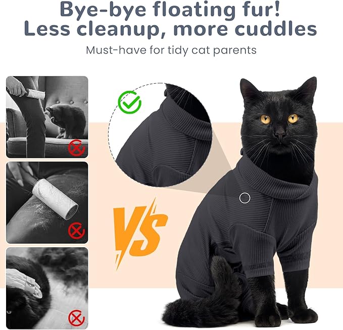 Sticky Hair Cat Clothes, Breathable & Lightweight, Reduces Shedding Fur Pajamas, Full Body Long Sleeve Surgical Bodysuit, Stop Licking & Shedding,Darkgrey,S