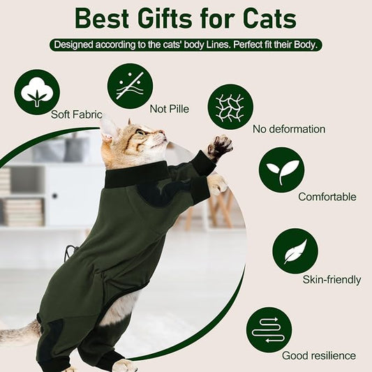 Cat Pajamas for Cats Only, Sticky Hair Cat Clothes, Long Sleeve Sphynx Clothes, Anti-Licking or Skin Disease Recovery Suit for Female Cats, Kitten Onesie Pajamas, ArmyGreen, XS