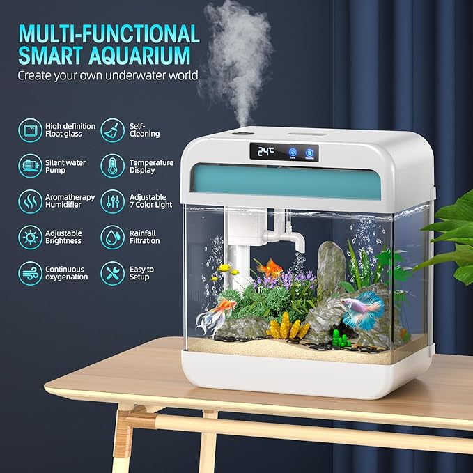 Fish Tank 2.2 Gallon Aquarium Tank Kit,with 3 Color Auto-Looping Light,Fish Bowl with Humidifier Pump,Fish Tank Small Aquarium,Temperature Display, Humidifier Function for Aquariums Starter Kits