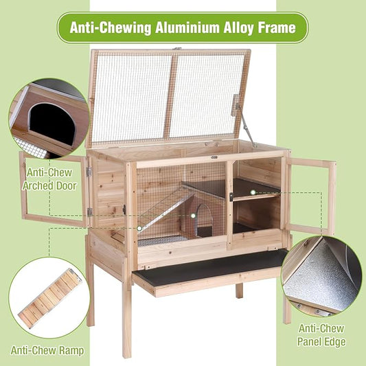 GUTINNEEN Wooden Rabbit Hutch Bunny Cage Guinea Pig Cage with Legs for Indoor & Outdoor, 2-Story Small Animal Cage with Leakproof Pull-Out Tray for Bunnys, Guinea Pigs, Hamsters (Natural Wood)
