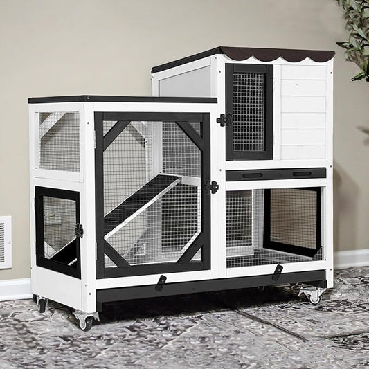 Gutinneen 2-Story Rabbit Hutch Bunny cage with Chew-Proof Ramp, Locking Leak-Proof Trays - Indoor/Outdoor 39.3" Wooden Rabbit Cage with Wheels for Rabbits, Guinea Pigs, Small Animal (Black and White)