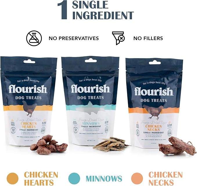 Flourish Pets Freeze Dried Raw Pet Treats for Dogs (Chicken Hearts, Minnows, and Chicken Necks, Variety Pack)