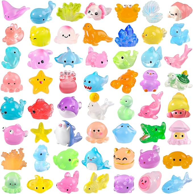 60PCS Luminous Mini Resin Animals 60 Styles Tiny Sea Animals Glow in The Dark Miniature Little Ocean Figures to Hide Small Plastic Animal for Party Favors Bag Fillers Garden Dollhouse Decor