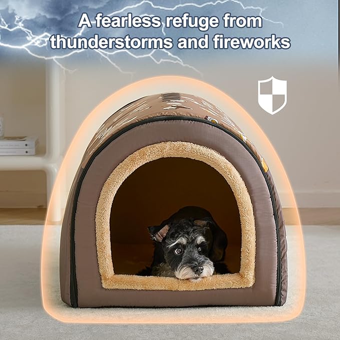 Jiupety Indoor Dog House, 2-in-1 Portable Foldable House Bed with Cover, Pet Tent & Cave Bed for Medium Dogs, XL(28"×21"×19"), Up to 40 Lb, Brown