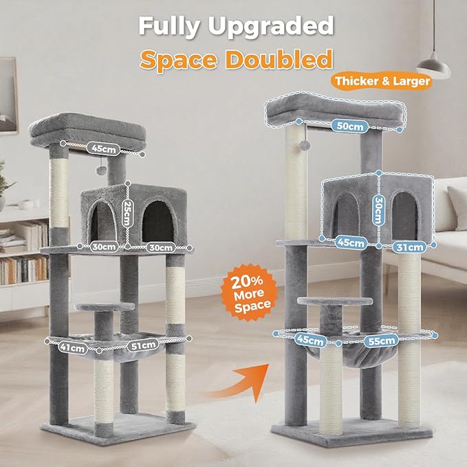 Large Cat Tree with Reinforced Scratching Posts (φ3.7in) for Big Adult Cats 30 lbs, 57.8" Heavy Duty Cat Tower with Larger Hammock and Condo, Cat Furniture for Maine Coon, Plush,Grey