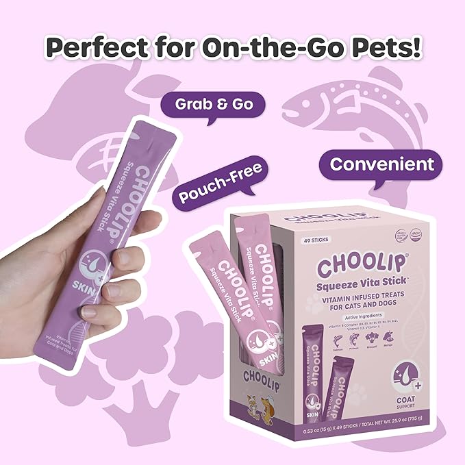 Squeeze Vita Stick Lickable Cat and Dog Treats – 49-Count Coat Support Sticks with Multivitamins, Soft Squeezable Paste for All Life Stages, Supporting Coat Health