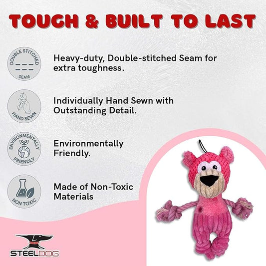 Steel Dog Polka Dot Pal Bear, Plush Dog Toy with Knotted Rope Hands and Feet, Dog Chew Toys for Small, Medium, Large Breed