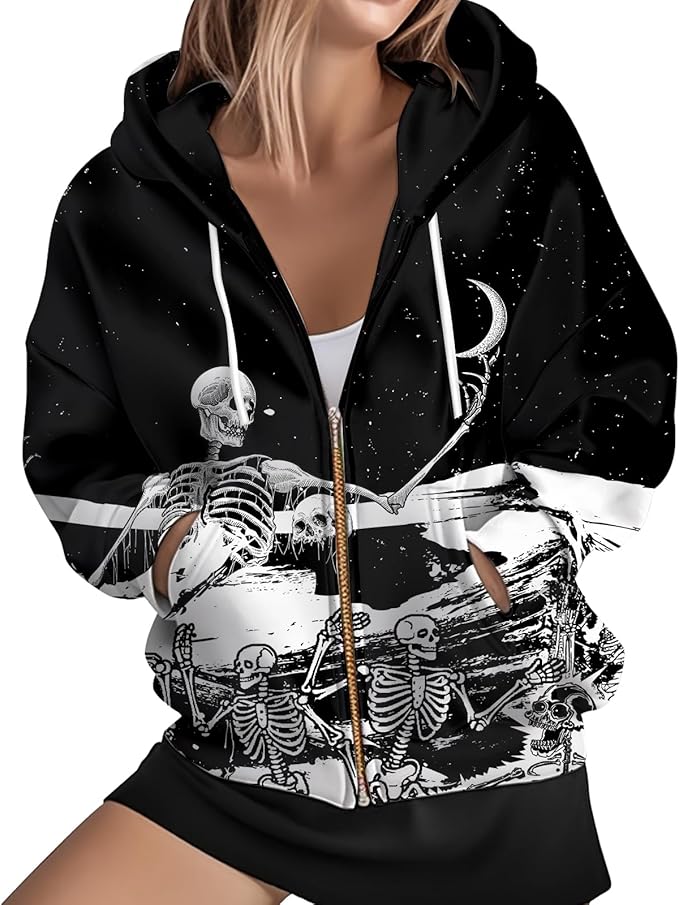 Womens Zip Front Plaid Sweatshirts Print Hoodie Fall Jackets Long Sleeve Casual Drawstring Clothes