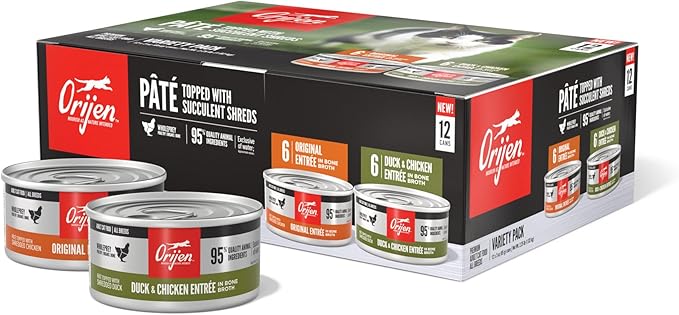 ORIJEN Premium Pate Wet Cat Food Variety Pack: Original + Duck & Chicken Recipes 3oz Cans (12 Count, 6 of Each)