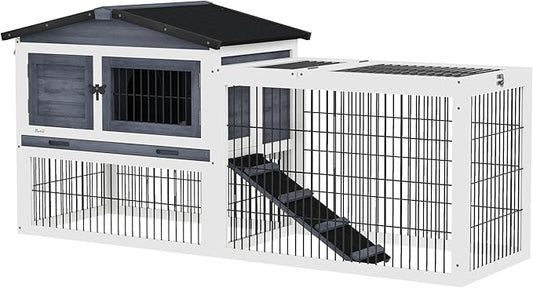 PawHut 2 Levels Outdoor Rabbit Hutch with Openable Top, 59" Wooden Large Rabbit Cage with Run Weatherproof Roof, Removable Tray, Ramp, Dark Gray