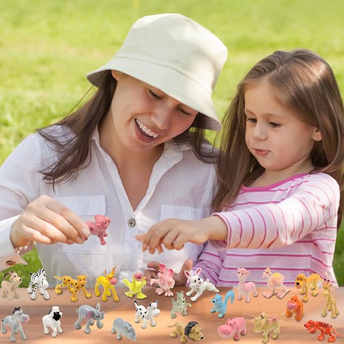 PINOWU Cartoon Animals 24pcs, Mini Wild Animals Toys Kit, Jungle Animal Figures Set - Tiger Lion Hippo Sheep Deer Duck for Children Party Favors Classrooms Rewards Birthday Gift Educational Toy