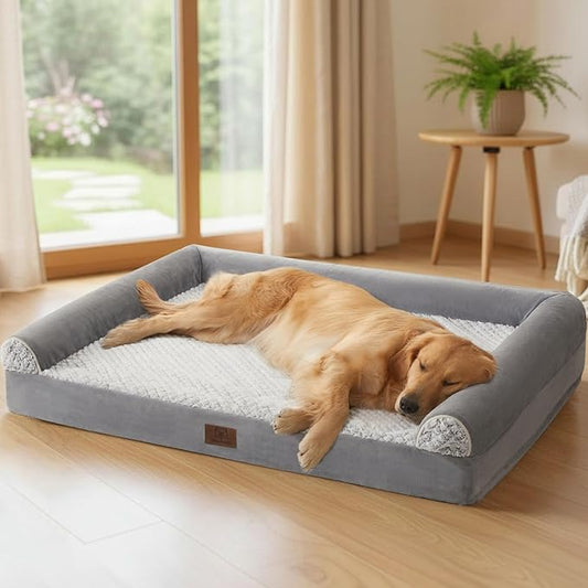 WNPETHOME Orthopedic Dog Beds for Large Dogs, Waterproof Memory Foam Large Dog Bed with Sides, Non-Slip Bottom and Egg-Crate Foam Big Pet Couch Bed with Washable Removable Cover