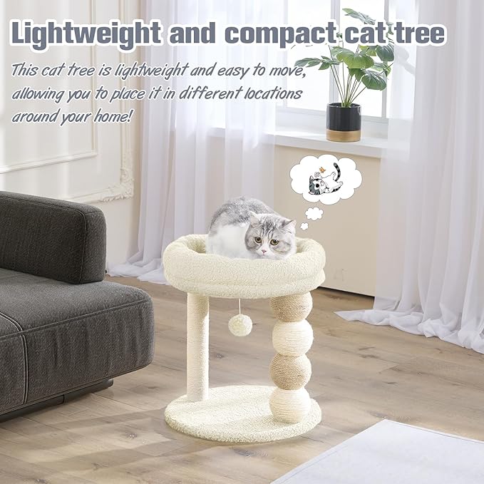 YOCAN Small Cat Tree Tower Indoor with Large Cozy Plush Top Perch, Natural Sisal Scratching Posts, Interactive Dangling Ball Great for Kittens and Cats (White)