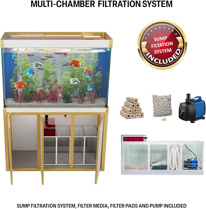 135 Gallon Aquarium Fish Tank with Upright Fishtank Stand Water Pump Freshwater Filter LED Bundle and Straight Corners Clear Glass - White with Gold Trims