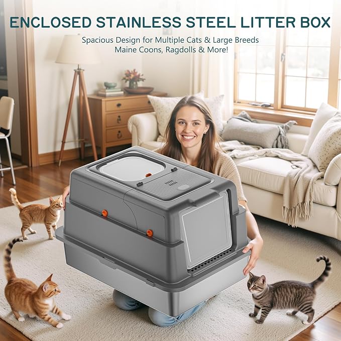 Stainless Steel Litter Box with Lid, 28" XXXL Large Cat Litter Box Enclosed for Multiple Cats, Odor Control with Carbon Filters, Anti-Leak High Sided, Includes Removable Lid & Scoop, Dark Gray