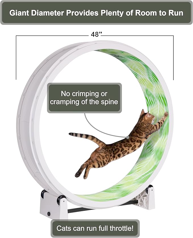 One Fast Cat - Cat Exercise Wheel - Gen. 7 - Safe 48" Diameter - Made in The USA - White Wheel with Jungle Leaves Foam Traction Pads and Light-Up LED Inline Wheels