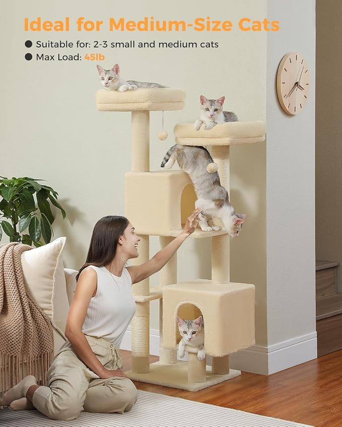 Cat Tree, 52.4" Multilevel Cat Tower for Indoor Cats, Plush Cat Tree House with 2 Padded Perches, 2 Condos & 2 Scratching Posts, Beige
