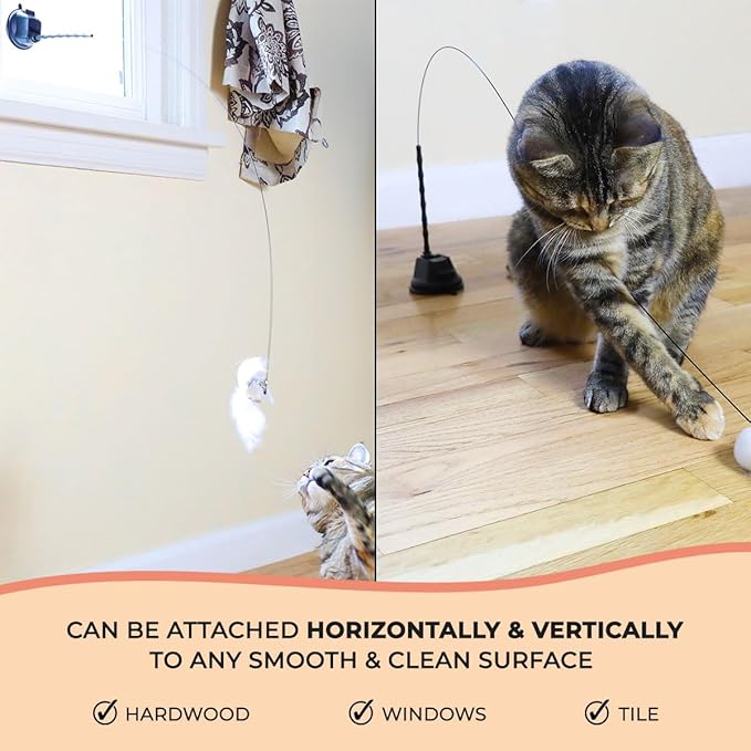 Interactive Bird Simulation Cat Toy Set, Interactive Cat Toys for Indoor Cats, Cat Feather Toy, Self-Holding Suction Base, 5 Replacement Birds, Feathers & Bells (Standard Hybrid Bundle)