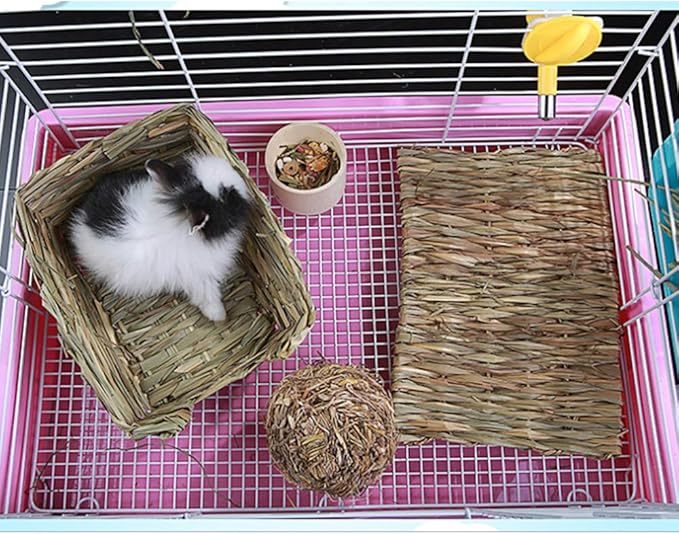 Grass Mat Woven Bed Mat for Small Animal 3PCS Large Bunny Bedding Nest Chew Toy Bed Play Toy for Guinea Pig Parrot Rabbit Bunny Hamster Rat