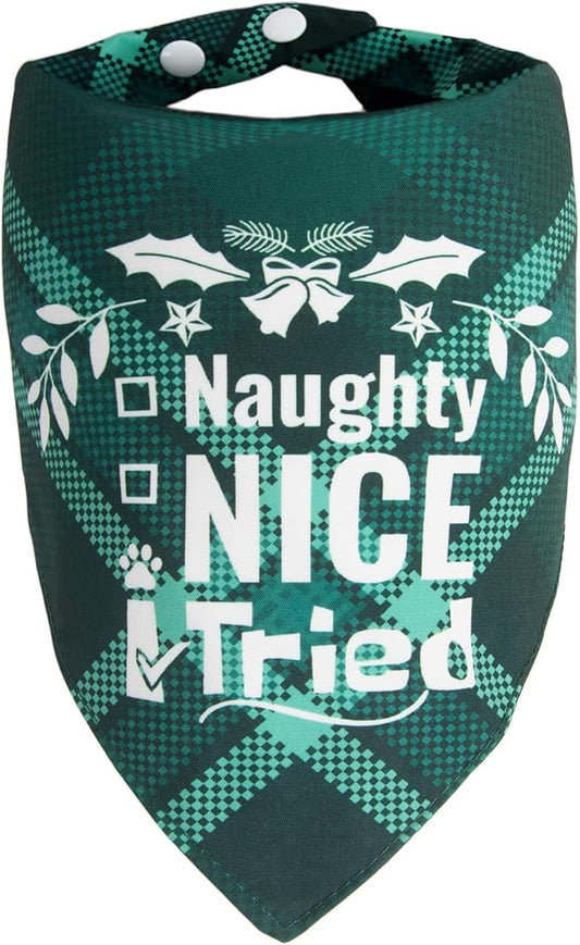 Christmas Dog Bandanas Pets Funny Holiday Costume Gift Xmas Stocking Stuffers - Naughty Nice I Tried, Green Plaid, Medium & Large Breed, 30-75lbs