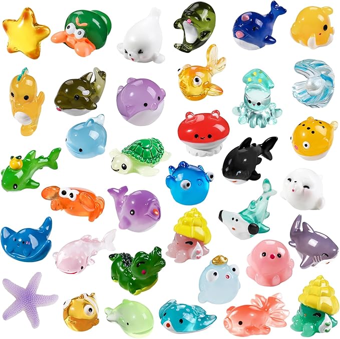 36pcs Mini Ocean Resin Animals Tiny Sea Animals Figurines Marine Miniature Plastic Animals Aquarium Ornaments Decorations for DIY Fish Tank Potted Micro Fairy Garden Dollhouse