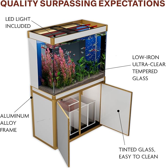 100 Gallon Aquarium Fish Tank with Upright Fishtank Stand Water Pump Freshwater Filter LED Bundle and Straight Corners Clear Glass - White with Gold Trims