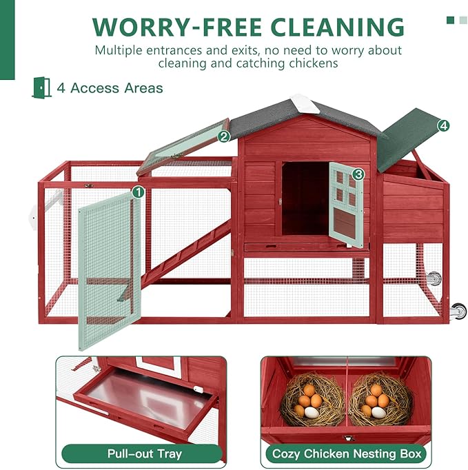 158" L Large Chicken Coop with Run, Chicken House with Nesting Boxes, Wheels, Outdoor Mobile Hen Chicken Coop Poultry Cage with Removable Tray, Ramp (Red)