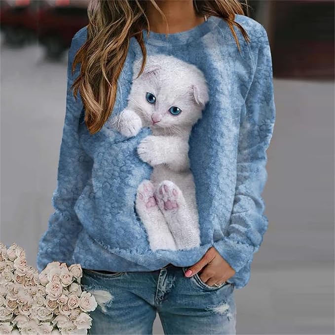 IVERIRMIN Women's 3D Cute Cat Print Sweatshirt Casual Long Sleeve Crewneck Cute Cat Pullover Loose Fit Shirts