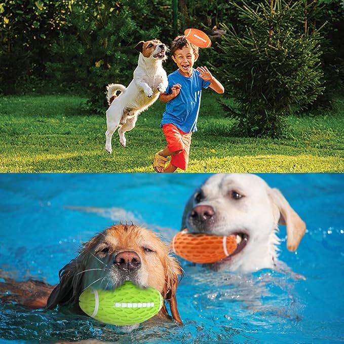 AUSCAT 2PCS Squeaky Dog Football Toy for Aggressive Chewers, Tough Rubber Dog Ball for Small Medium Dogs, Green and Orange, Small, 4.1"