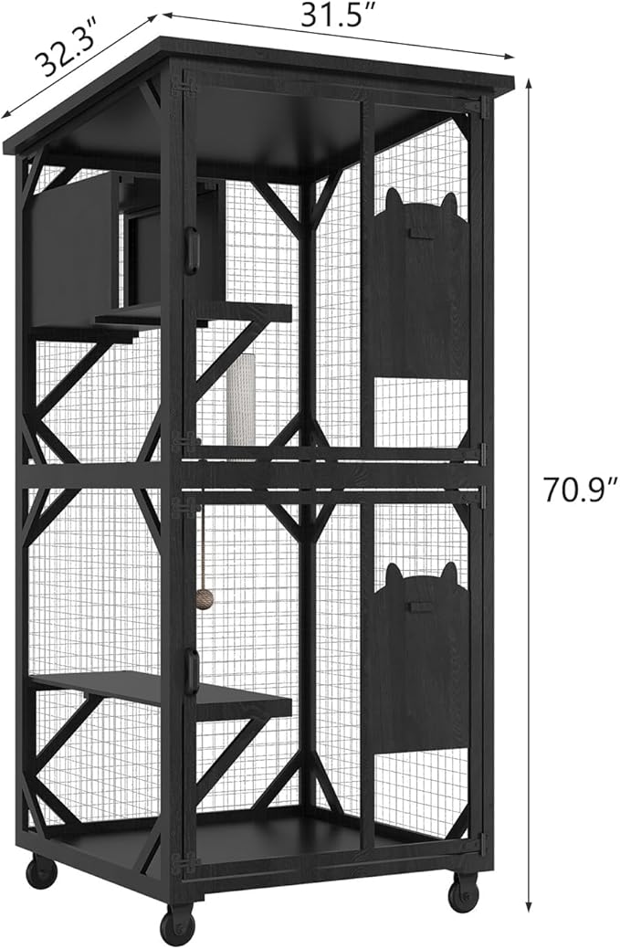 ROOMTEC Catio Outdoor Enclosure With Roof - 71" Height Wooden House, Large Cage With 3 Jumping Platforms and 1 Napping House for Cat Activity (Black)