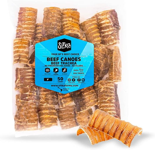 Sitka Farms Beef Trachea Canoes 3" Split Trachea - 50 Count - 100% Natural Single Ingredient - Rich in Glucosamine and Chondroitin - Healthy and Easy Digest Cow Premium Treat
