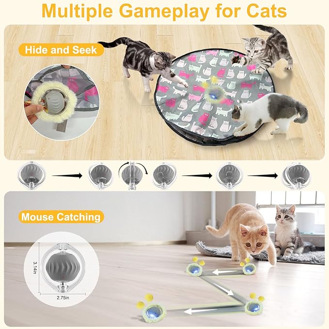 Interactive Cat Toys for Indoor Cats, Automatic Motion Cat Toy in Pouch Fast Rolling Ball in Play Mat Hide and Seek Mouse Catching Game with Chirping Stimulation,Led Light,Auto On/Off(Grey)