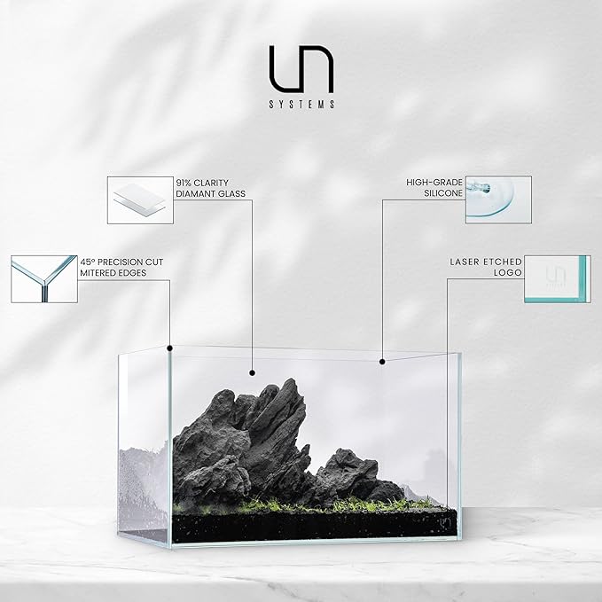 UNS Ultra Clear Rimless Tank - 9.3GAL | 35.2L - 17.71x11.02x11.02 | 45x28x28 CM, 5mm Glass Thickness, Leveling Mat Included - Low Iron, High Clarity Fish Tank w/ 45° Mitered Edge - [45U]