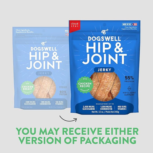 Dogswell Jerky Hip and Joint Dog Treats Grain Free Made in USA Only, Glucosamine and Chondroitin, 12 oz Chicken
