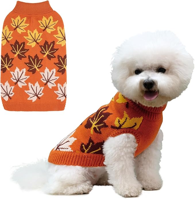 KOOLTAIL Fall Dog Sweater, Thanksgiving Dog Sweater with Autumn Maple Leaf Pattern, Cold Weather Pet Knitted Winter Coats Clothes Turtleneck Pullover for Small Medium Large Dogs Cat Boy Girl, Orange M