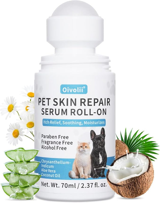 Dog & Cat Skin Care Roll-On with Coconut Oil (2.3fl oz) - Itch Relief, Hot Spot Treatment & Allergy Moisturizer for Fast Skin Repair & Hair Regrowth