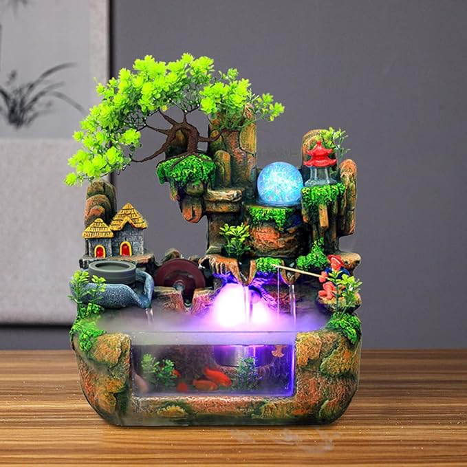 Tabletop Waterfall Fountain with Rockery, Mini Silent Indoor Ornament Desk Water Fountain Desktop Simulation Resin with Atomizer LED Small Fish Tank for Office Bedroom Home Decor Fisherman