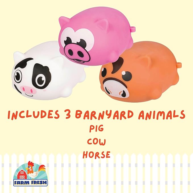 Farm Fresh Chubby Barnyard Animals – 3-Pack Squeeze Fidget Toys for Kids Ages 3+ – Soft Foam Stress Relief Figures – Includes Pig, Cow & Horse – Mini Animal Toys for Travel, Party Bags, Gift Ideas