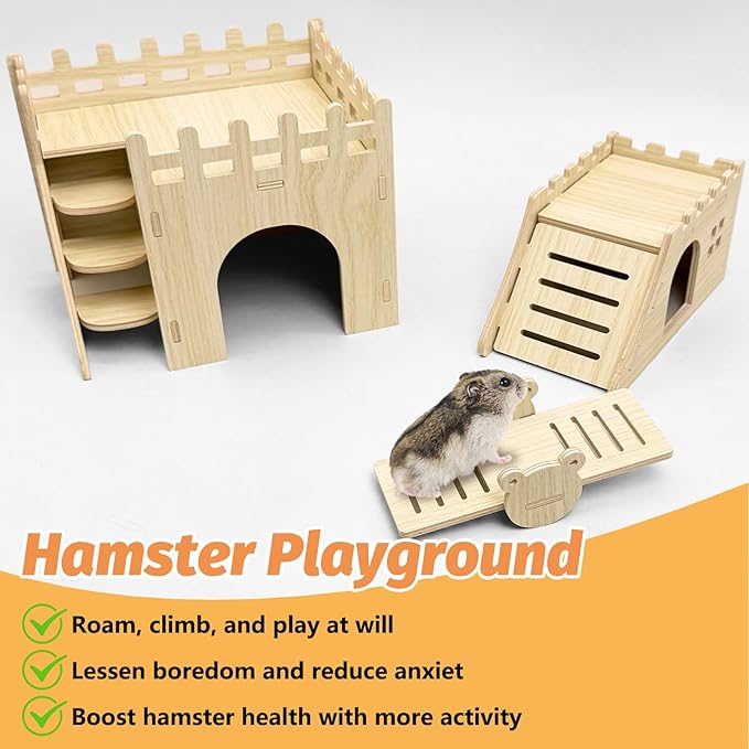 BNOSDM Hamster Hideout Set Gerbil Wooden House with Stairs Wood Hide Hut with Fun Slid Seesaw Dwarf Cage Accessories for Syrian Hamsters Mouse Mice