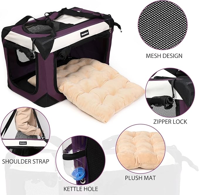 Large Cat Carrier, Collapsible Dog Travel Crate Portable Soft-Sided Pet Carrier with Super Soft Warm Plush Mat for Indoor and Outdoor 24x16x16in,Purple