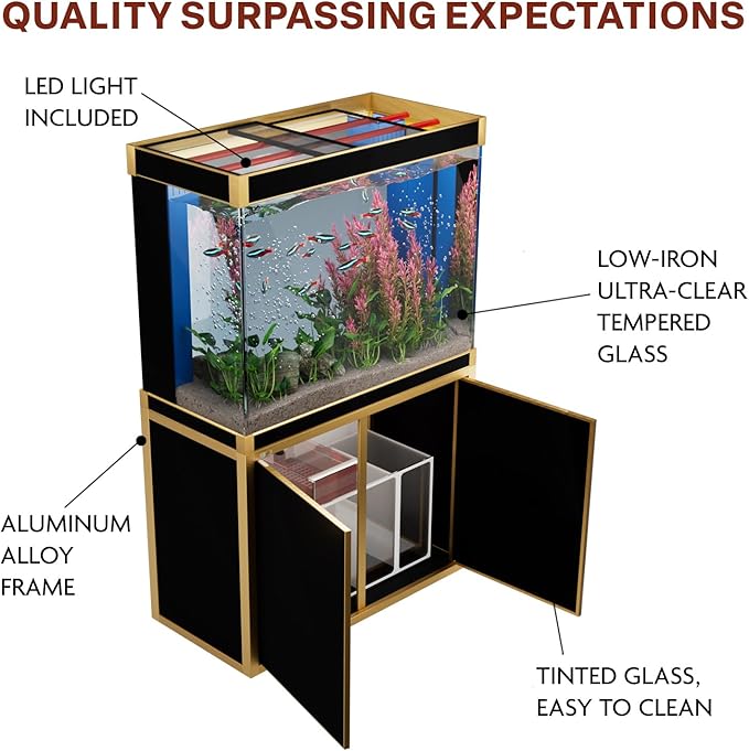 100 Gallon Aquarium Fish Tank with Upright Fishtank Stand Water Pump Freshwater Filter LED Bundle and Straight Corners Clear Glass - Black with Gold Trims